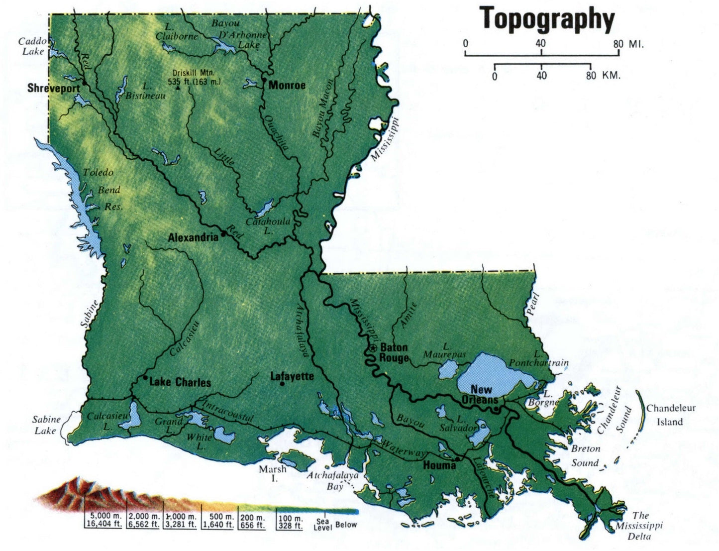 Louisiana Topography Map Glossy Poster Picture Photo Print Banner Booma Prints