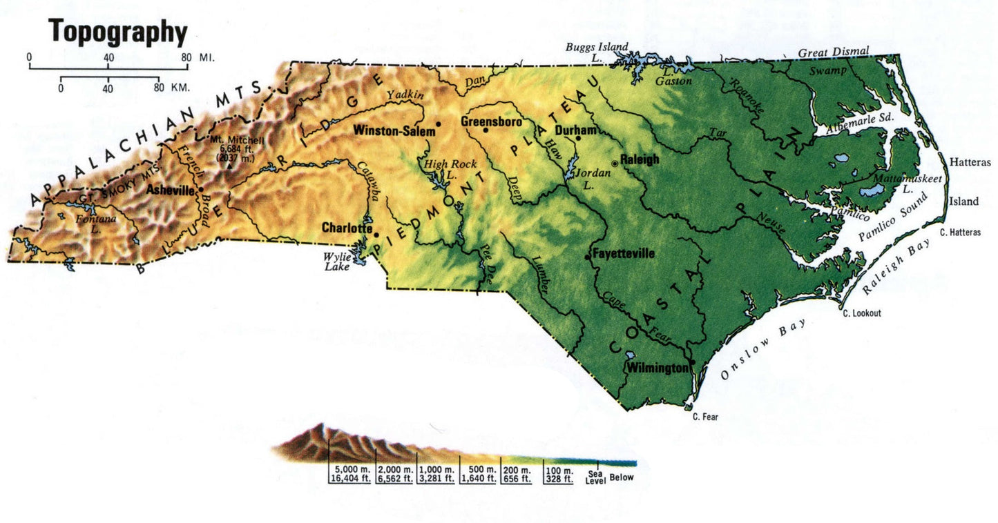 North Carolina Topography Map Glossy Poster Picture Photo Print Banner Booma Prints