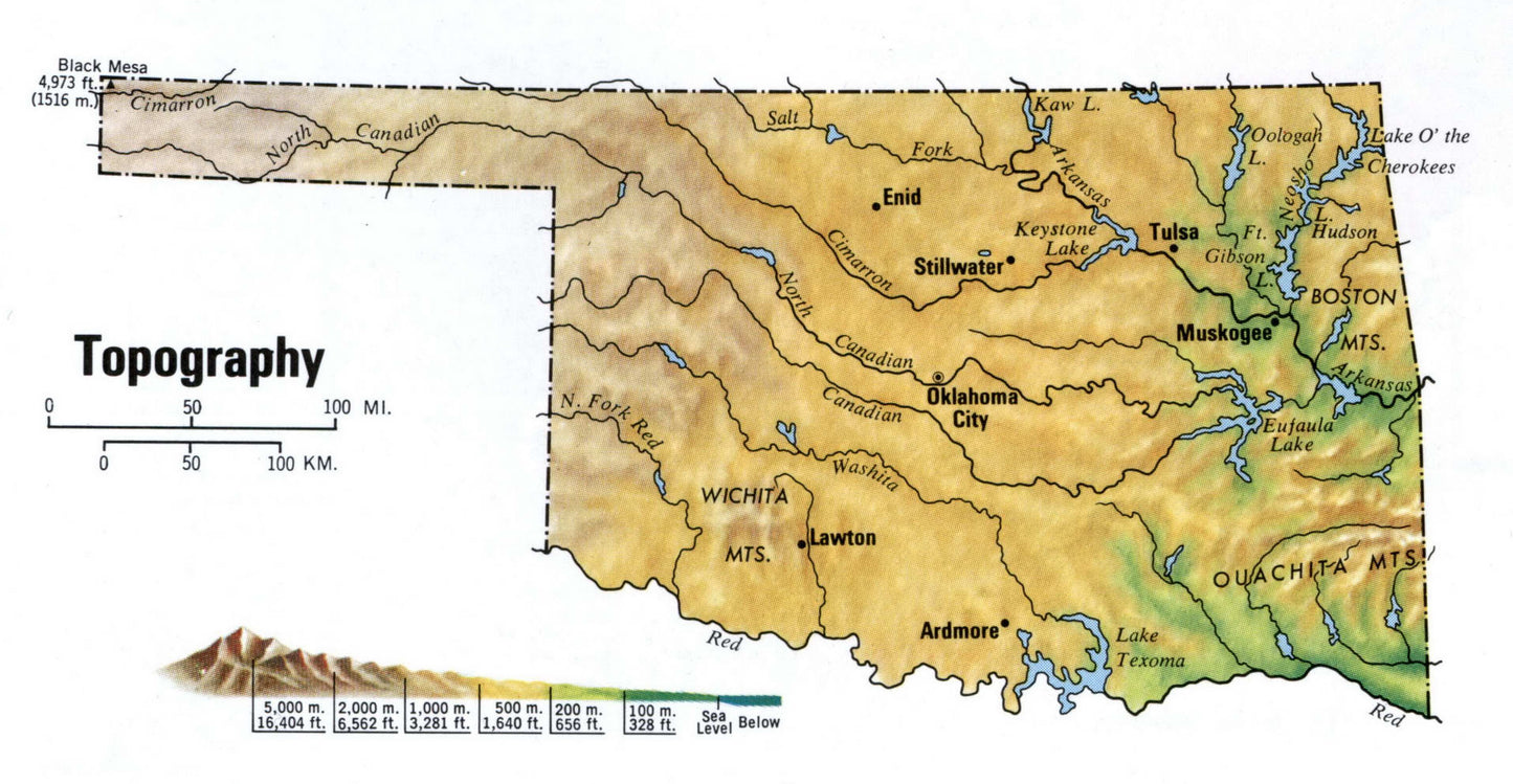 Oklahoma Topography Map Glossy Poster Picture Photo Print Banner Booma Prints