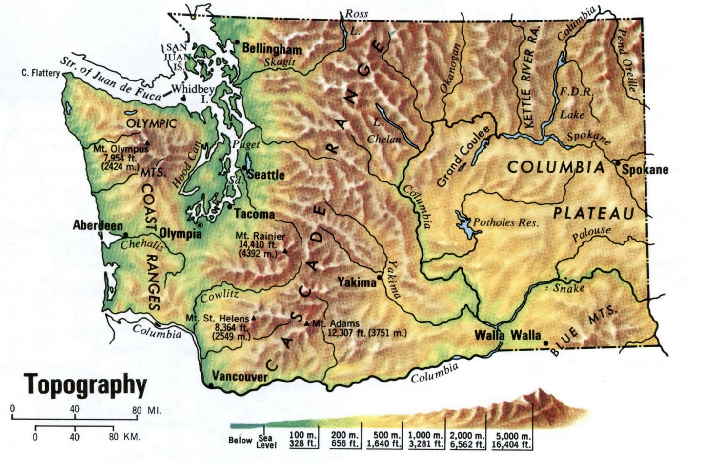 Washington Topography Map Glossy Poster Picture Photo Print Banner Wa Booma Prints