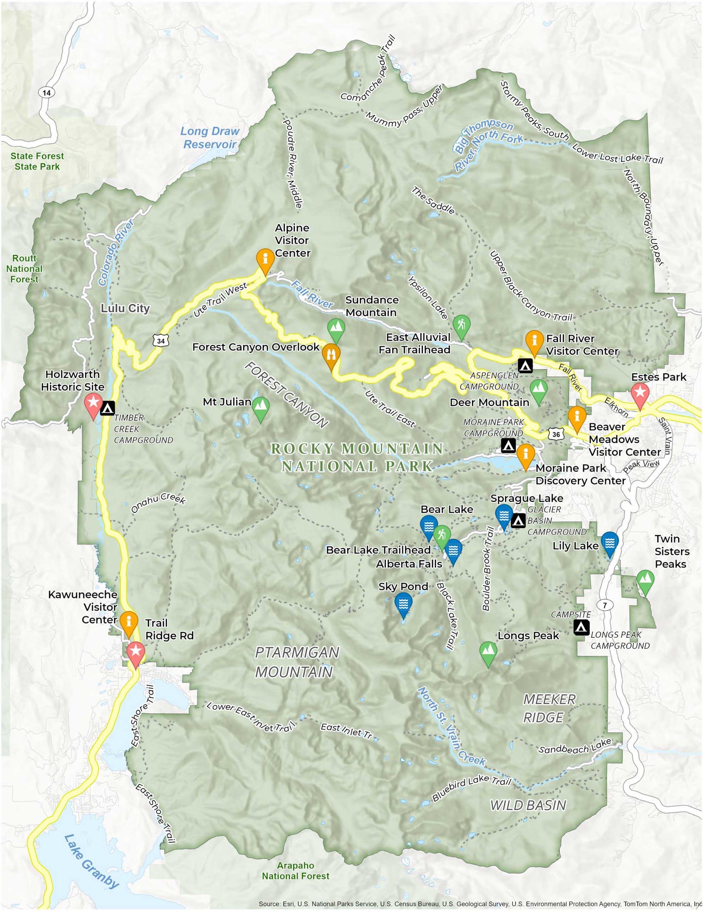 Rocky Mountain National Park Map Glossy Poster Picture Photo Print Banner  Booma Prints