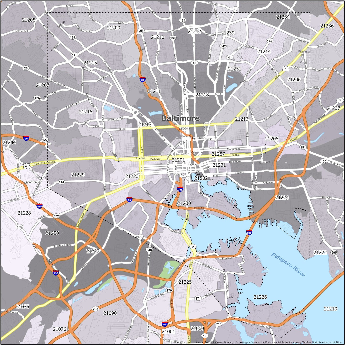 Baltimore Zip Code Map Glossy Poster Picture Photo Print Banner  Booma Prints