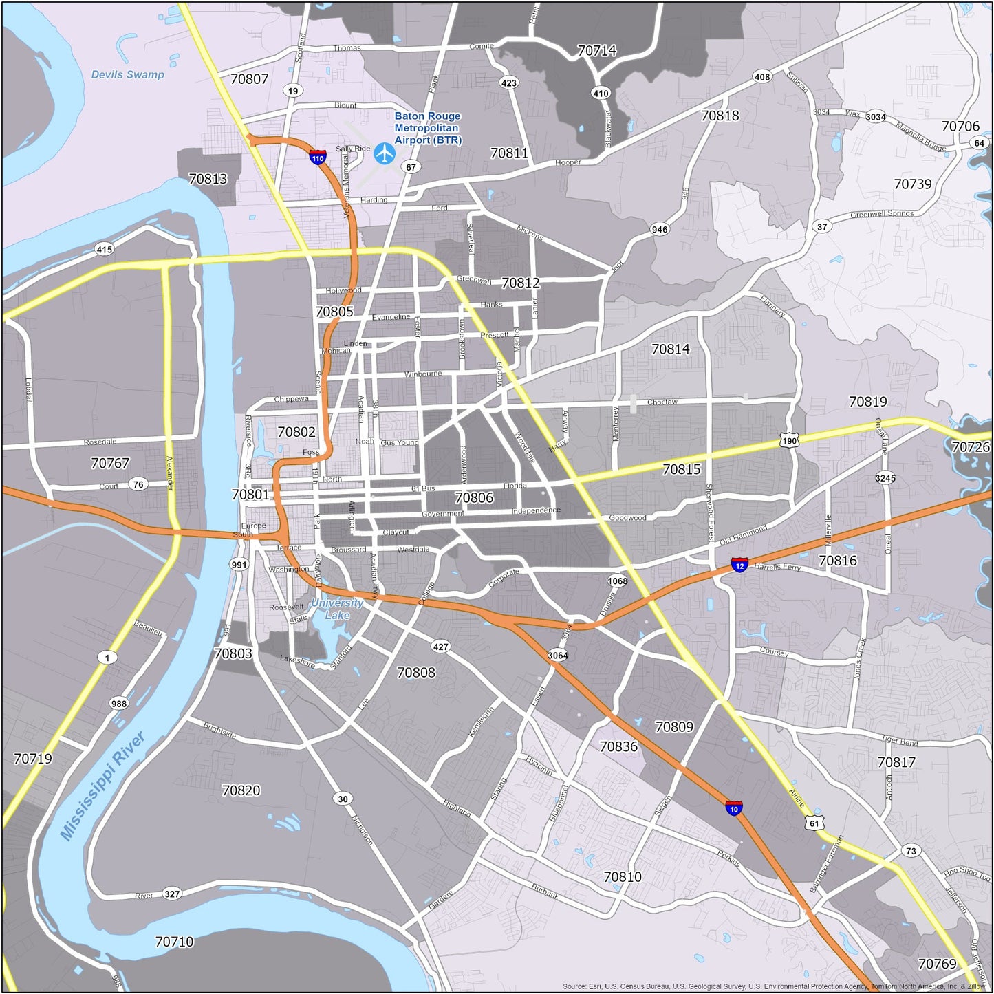 Baton Rouge Zip Code Map Glossy Poster Picture Photo Print Banner  Booma Prints