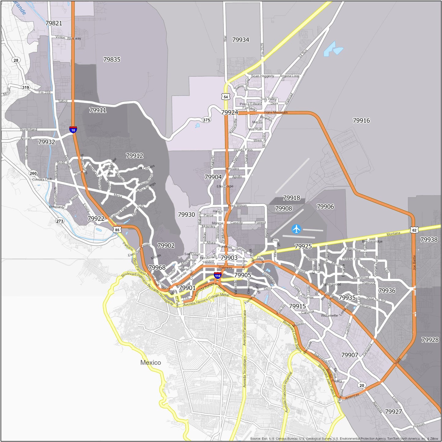 El Paso Zip Code Map Glossy Poster Picture Photo Print Banner  Booma Prints