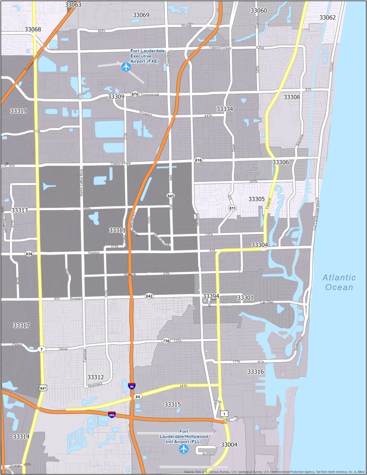 Fort Lauderdale Zip Code Map Glossy Poster Picture Photo Print Banner  Booma Prints