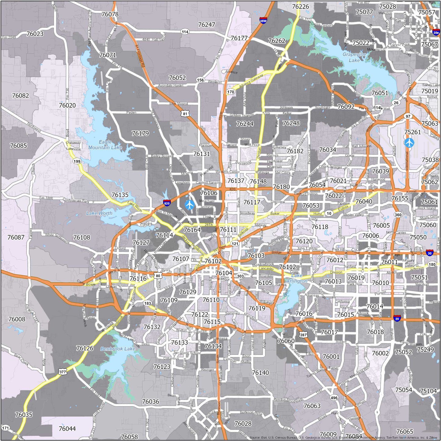 Fort Worth Zip Code Map Glossy Poster Picture Photo Print Banner  Booma Prints
