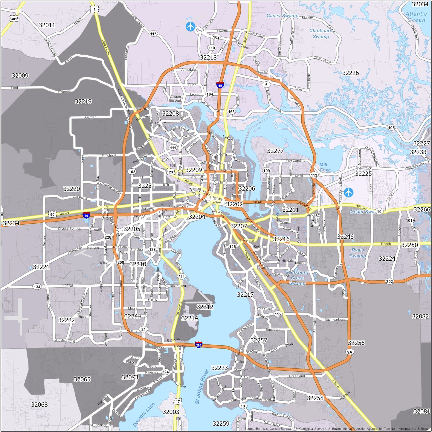 Jacksonville Zip Code Map Glossy Poster Picture Photo Print Banner  Booma Prints