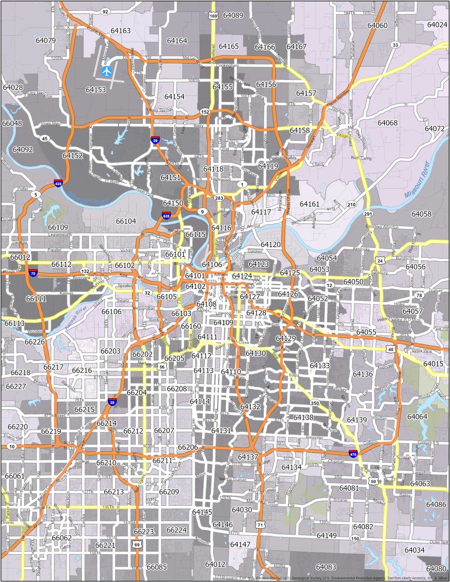 Kansas City Zip Code Map Glossy Poster Picture Photo Print Banner  Booma Prints