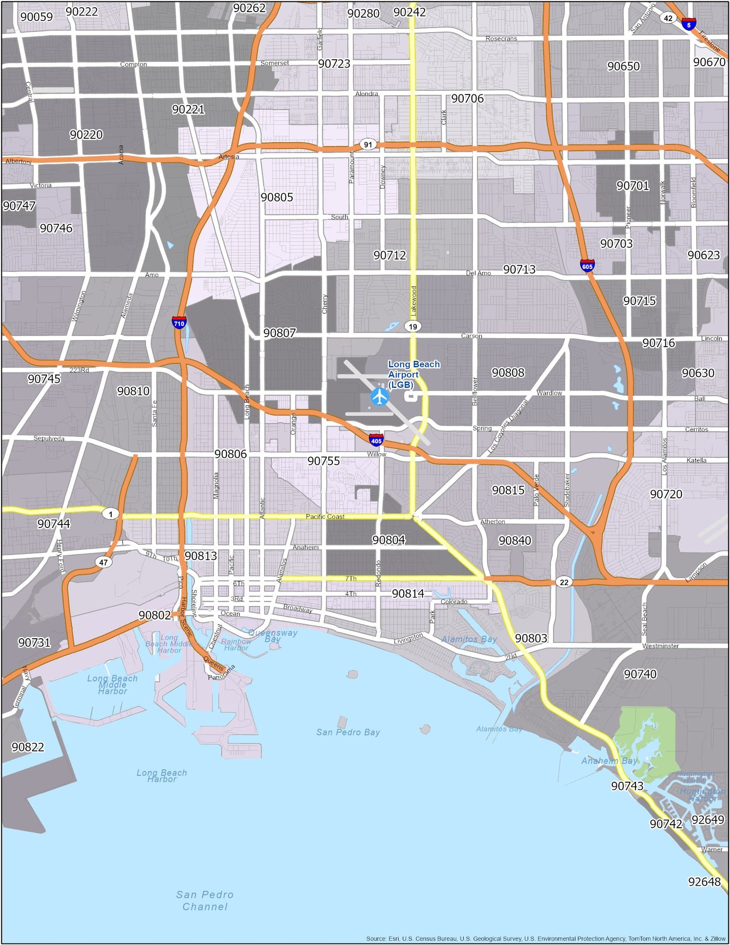 Long Beach Zip Code Map Glossy Poster Picture Photo Print Banner  Booma Prints
