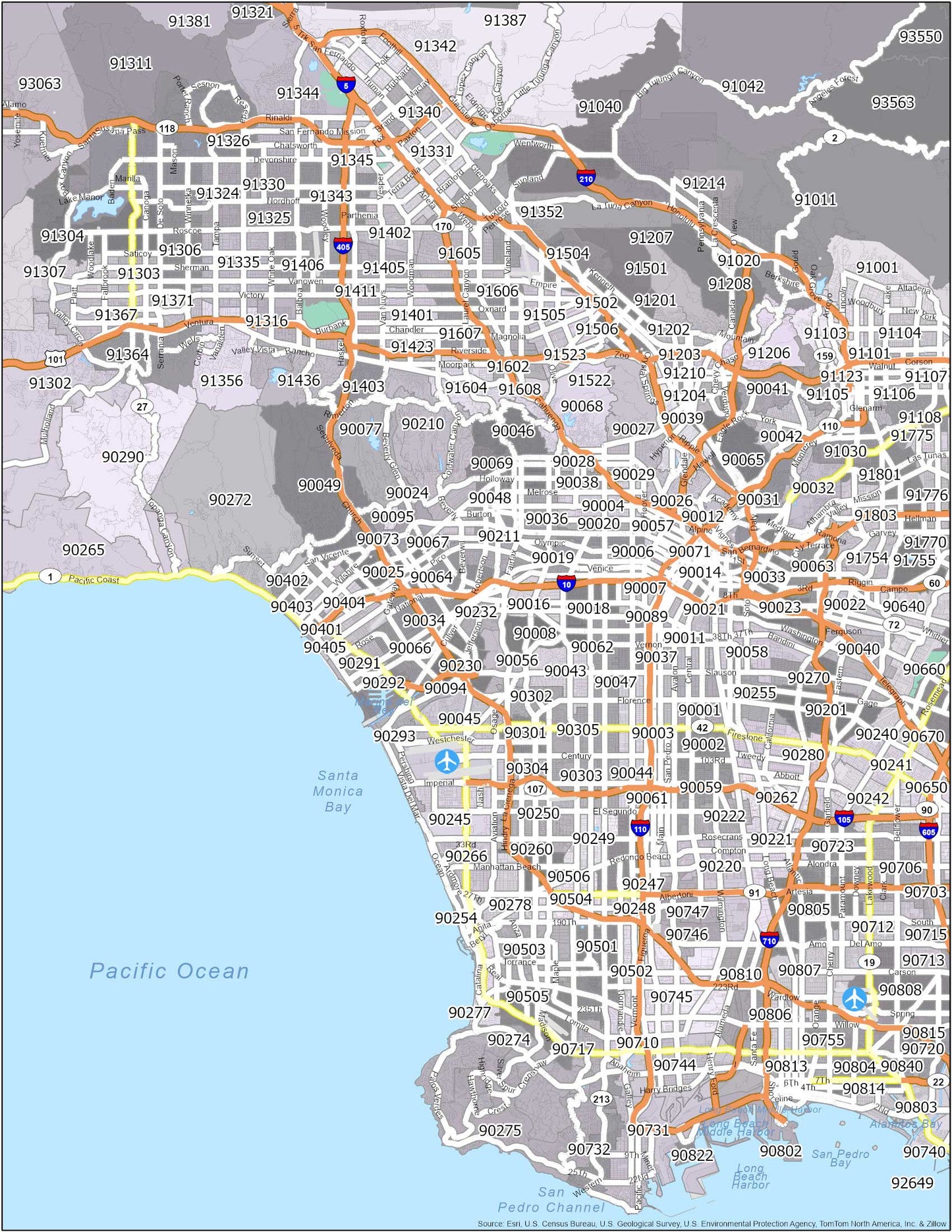 Los Angeles Zip Code Map Glossy Poster Picture Photo Print Banner  Booma Prints