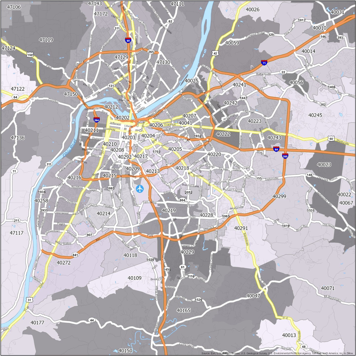 Louisville Zip Code Map Glossy Poster Picture Photo Print Banner  Booma Prints