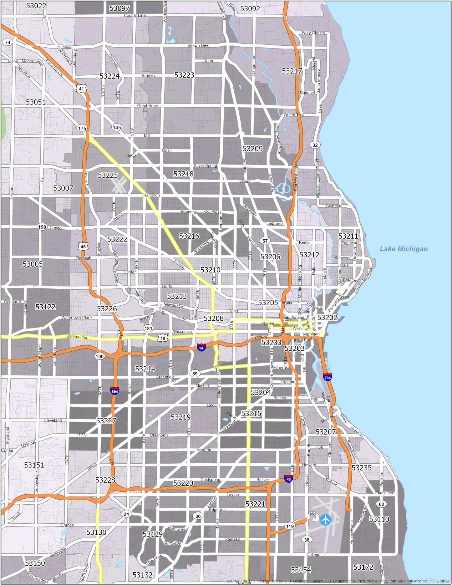 Milwaukee Zip Code Map Glossy Poster Picture Photo Print Banner  Booma Prints