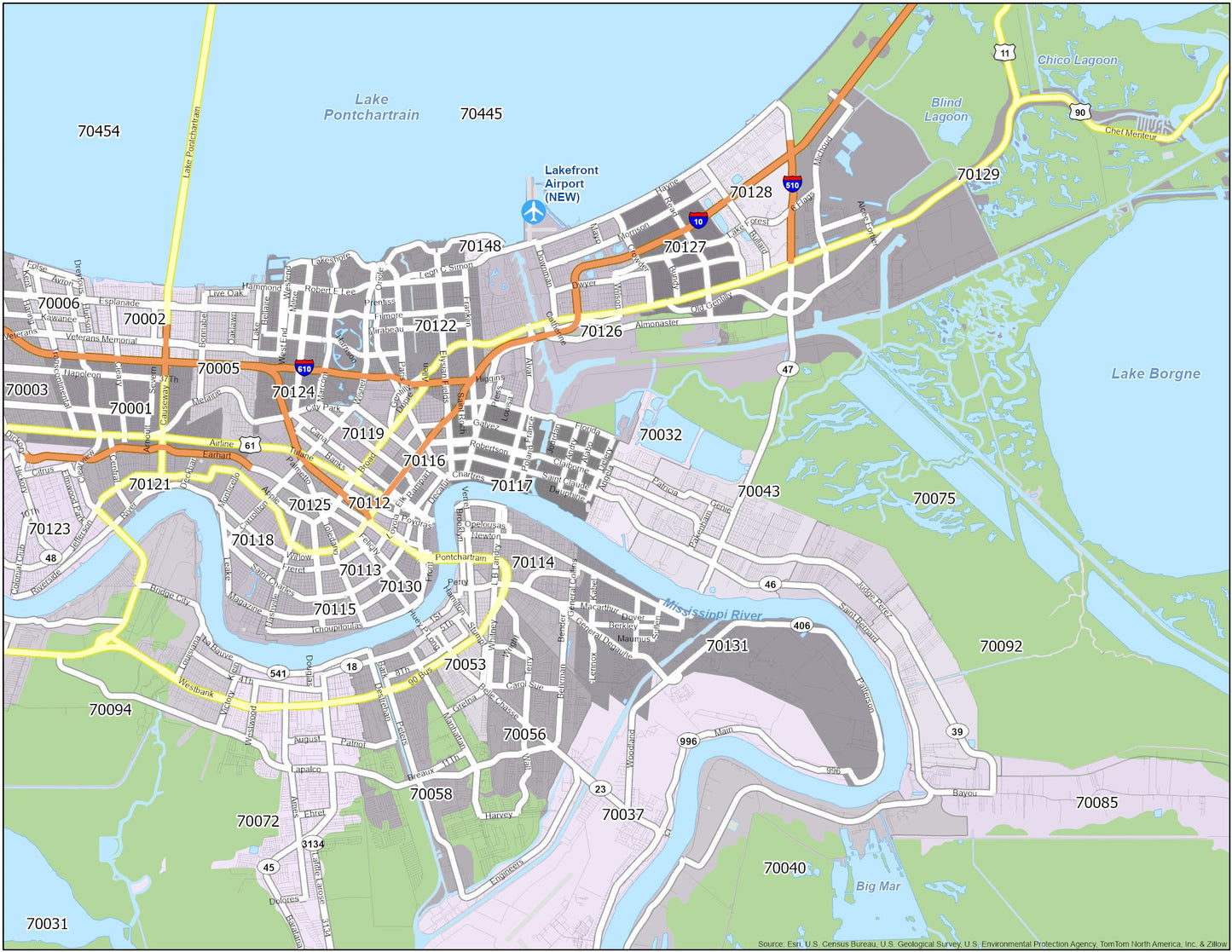 New Orleans Zip Code Map Glossy Poster Picture Photo Print Banner  Booma Prints
