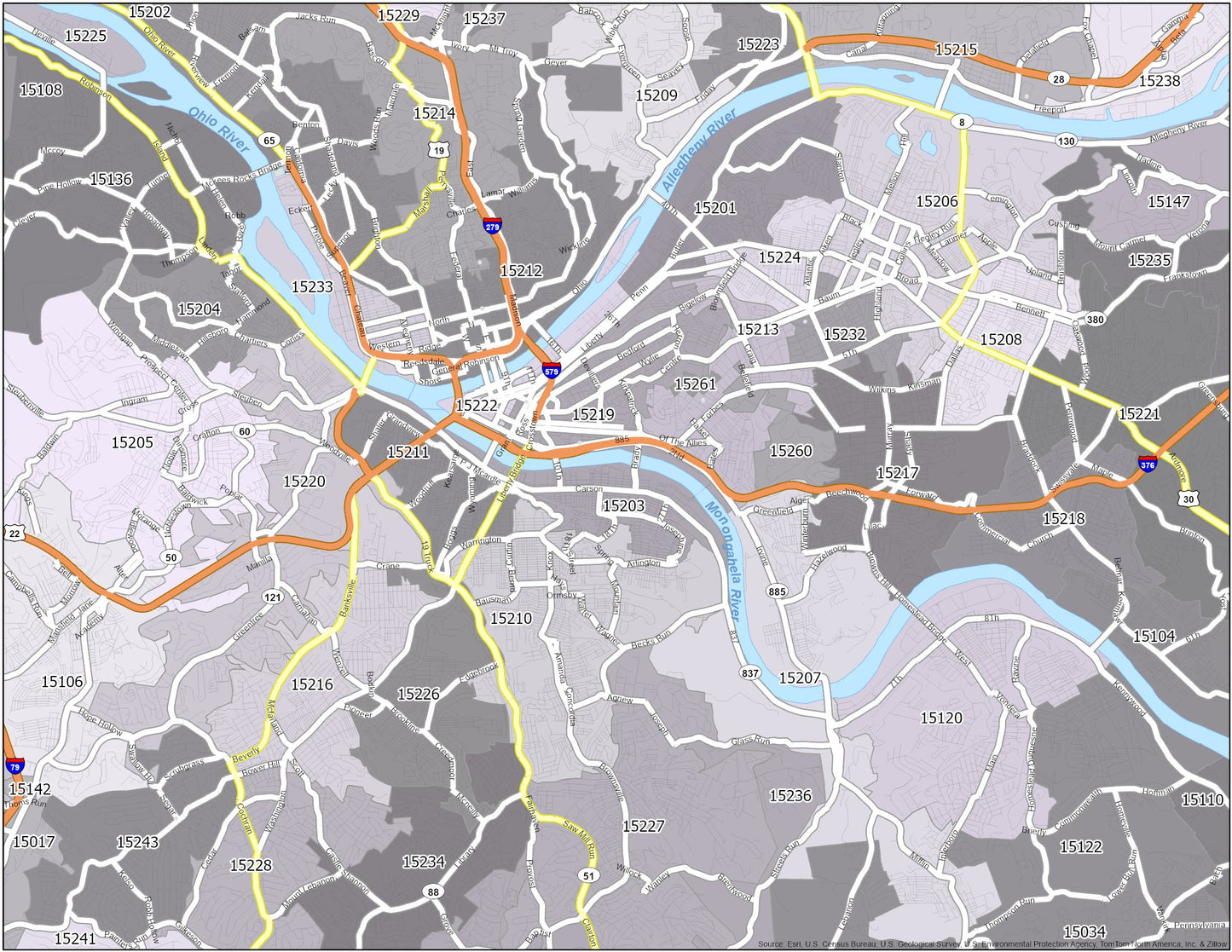 Pittsburgh Zip Code Map Glossy Poster Picture Photo Print Banner  Booma Prints