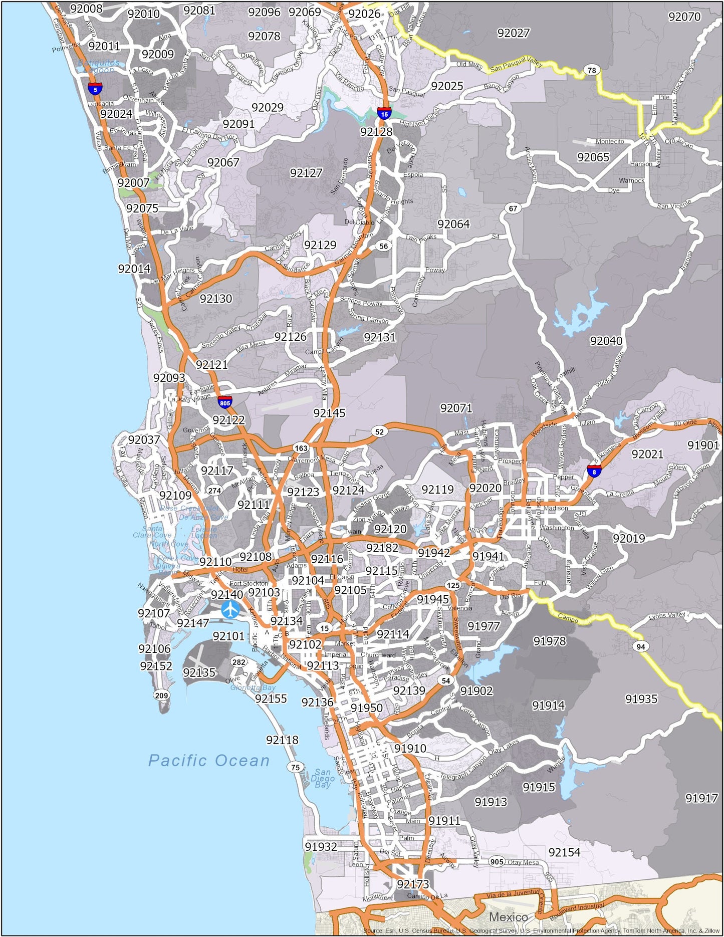 San Diego Zip Code Map Glossy Poster Picture Photo Print Banner  Booma Prints