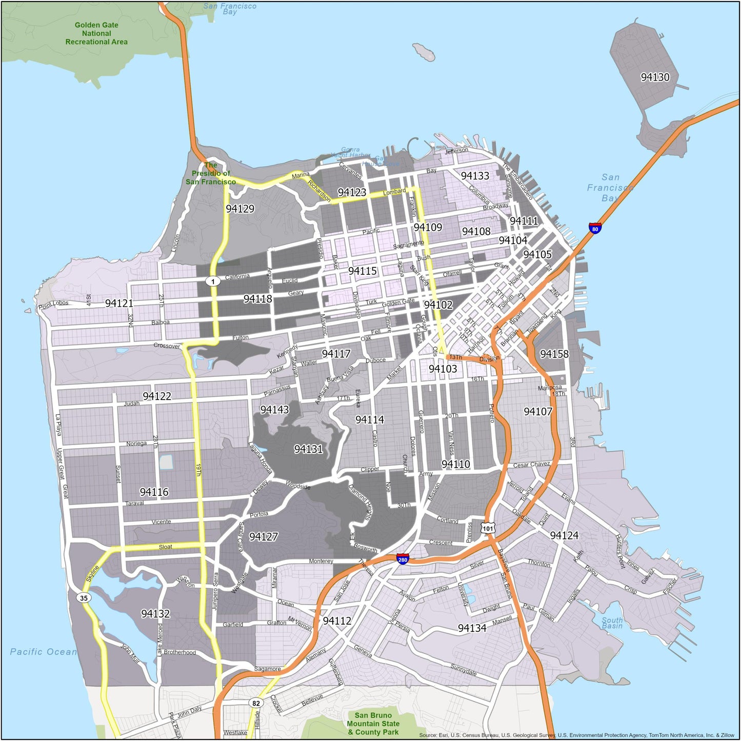 San Francisco Zip Code Map Glossy Poster Picture Photo Print Banner  Booma Prints