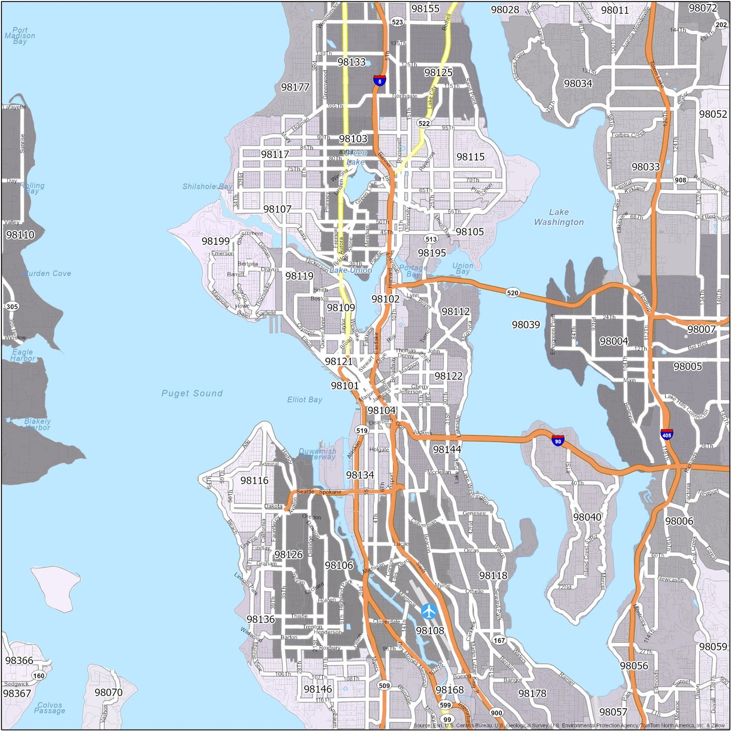 Seattle Zip Code Map Glossy Poster Picture Photo Print Banner  Booma Prints