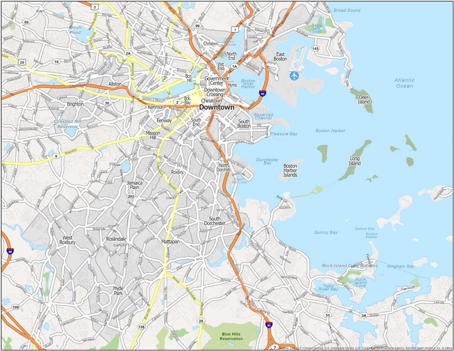 Boston Neighborhood Map Glossy Poster Picture Photo Print Banner  Booma Prints
