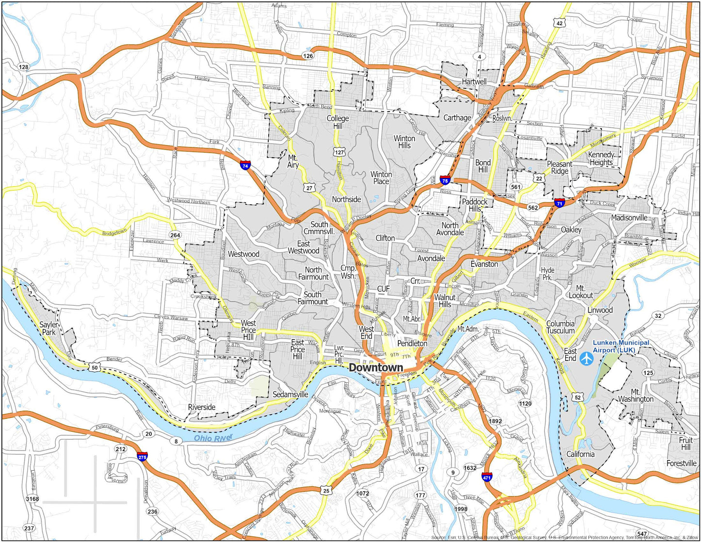 Cincinnati Neighborhood Map Glossy Poster Picture Photo Print Banner  Booma Prints