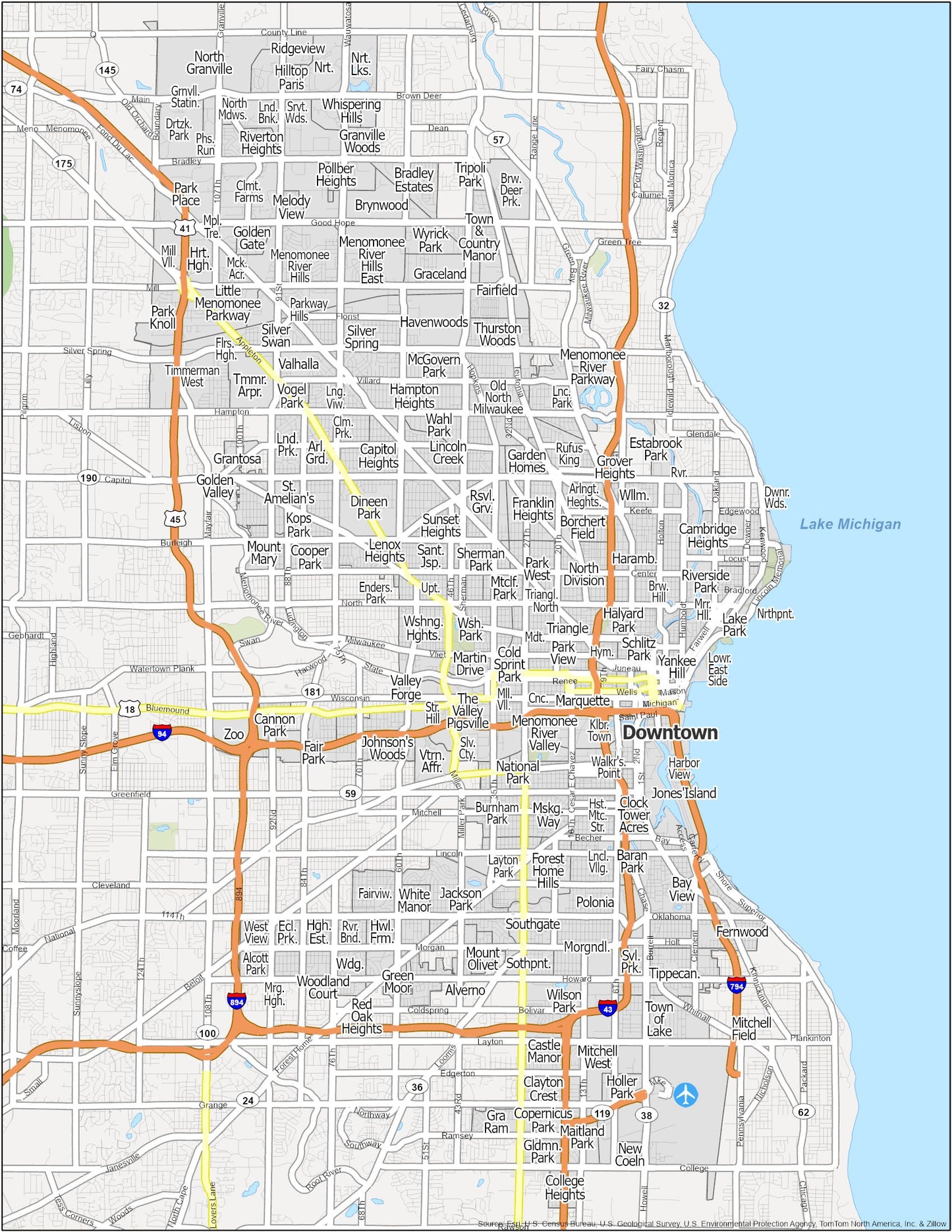 Milwaukee Neighborhood Map Glossy Poster Picture Photo Print Banner  Booma Prints