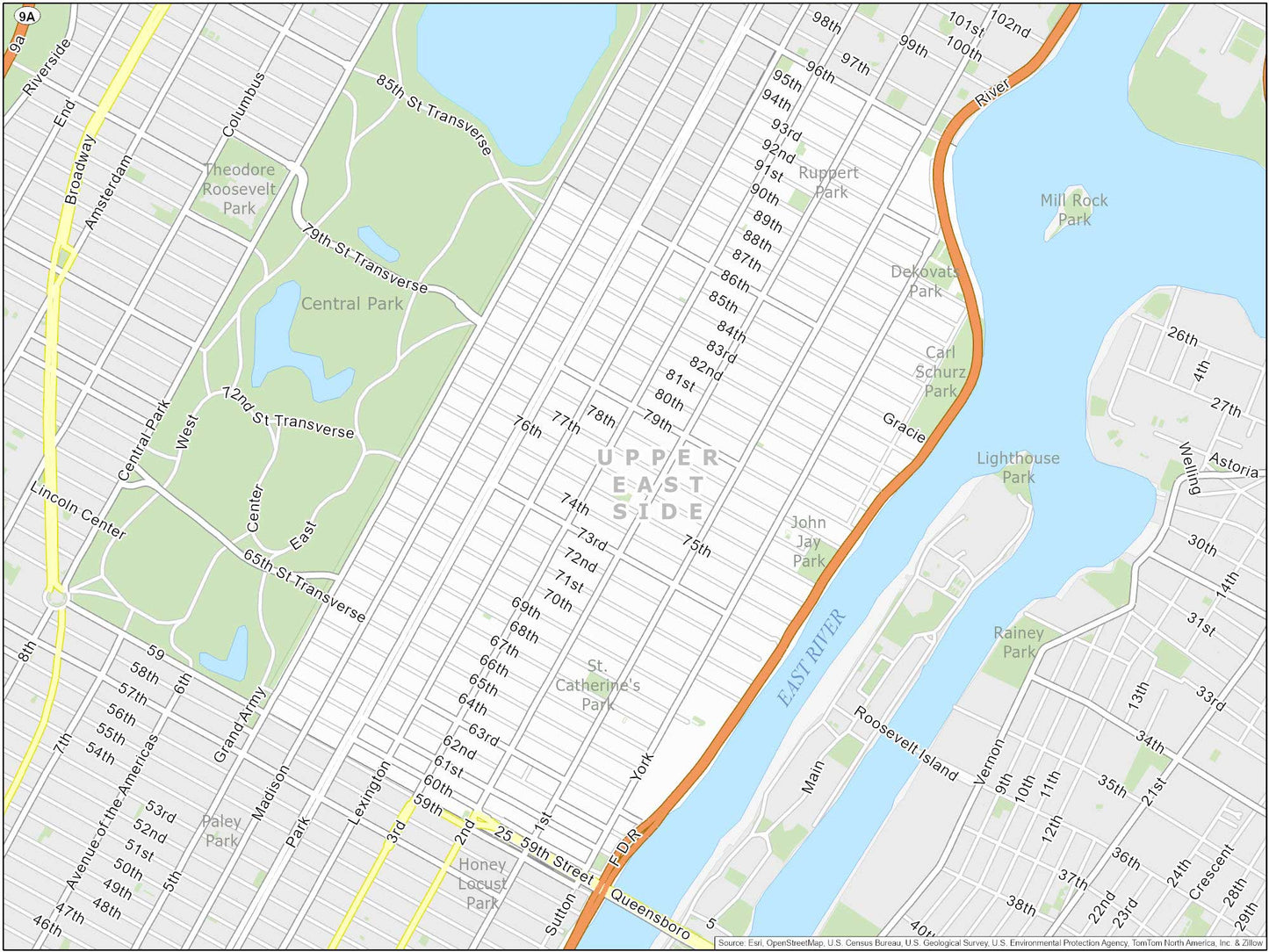 New York City Upper East Side Map Glossy Poster Picture Photo Print Banner  Booma Prints