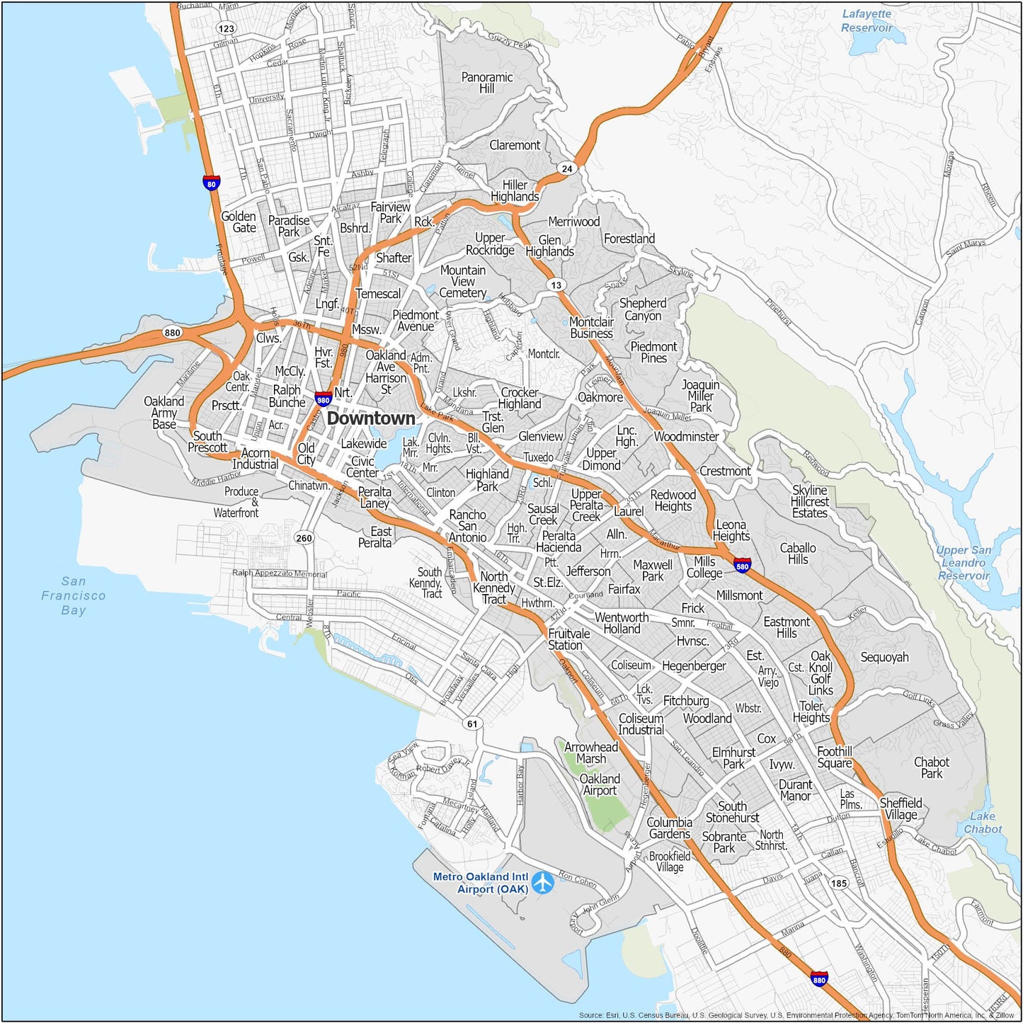 Oakland Neighborhood Map Glossy Poster Picture Photo Print Banner  Booma Prints