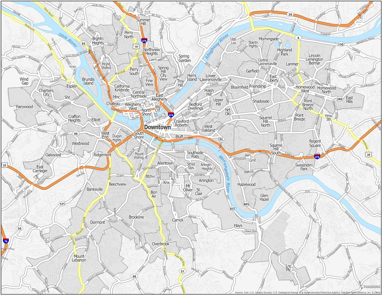 Pittsburgh Neighborhood Map Glossy Poster Picture Photo Print Banner  Booma Prints