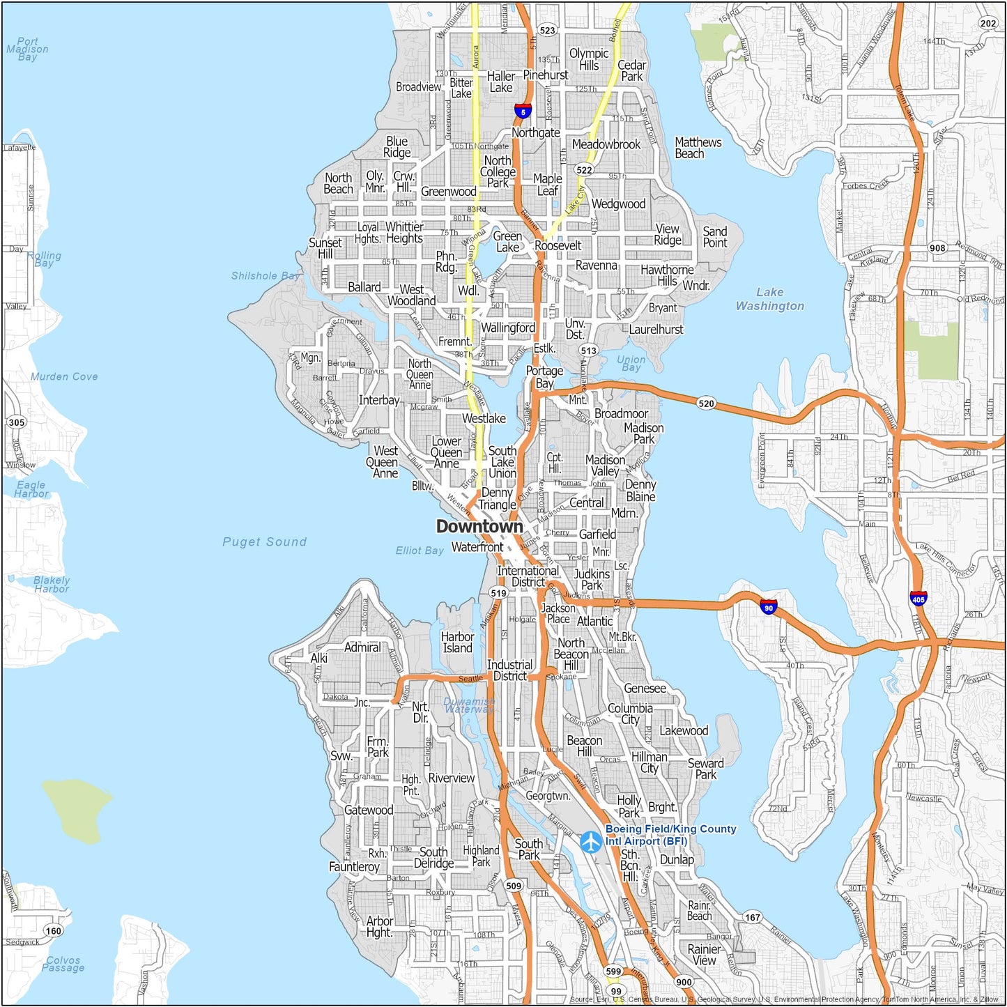 Seattle Neighborhood Map Glossy Poster Picture Photo Print Banner  Booma Prints