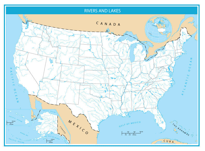 Usa Rivers And Lakes Blank Map Glossy Poster Picture Photo Print Banner  Booma Prints