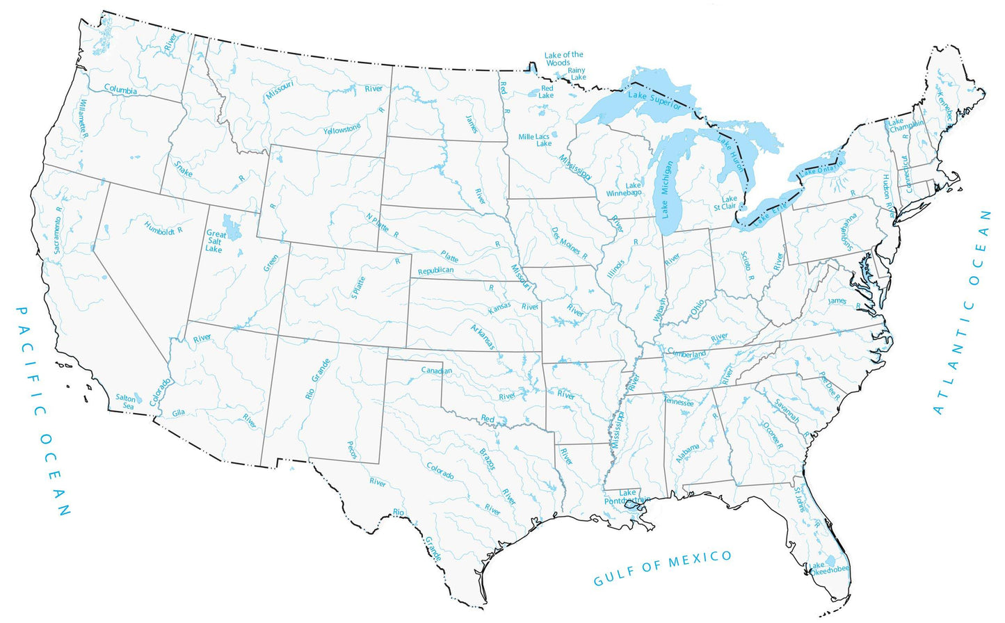Usa Us Rivers And Lakes Map Glossy Poster Picture Photo Print Banner  Booma Prints