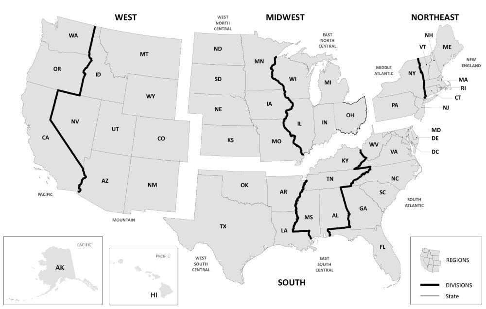 Usa Divided Regions Whole Map Glossy Poster Picture Photo Print Banner  Booma Prints