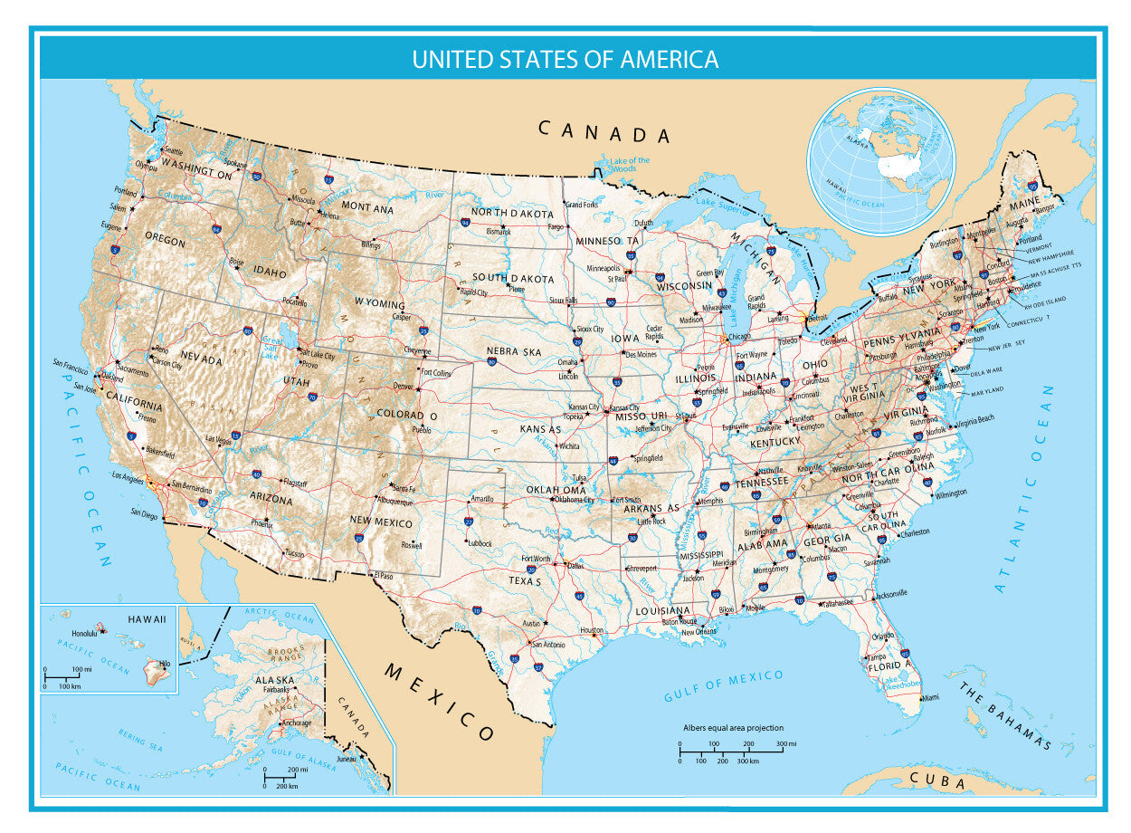 Usa Hillshade Road Highway Map Glossy Poster Picture Photo Print Banner  Booma Prints