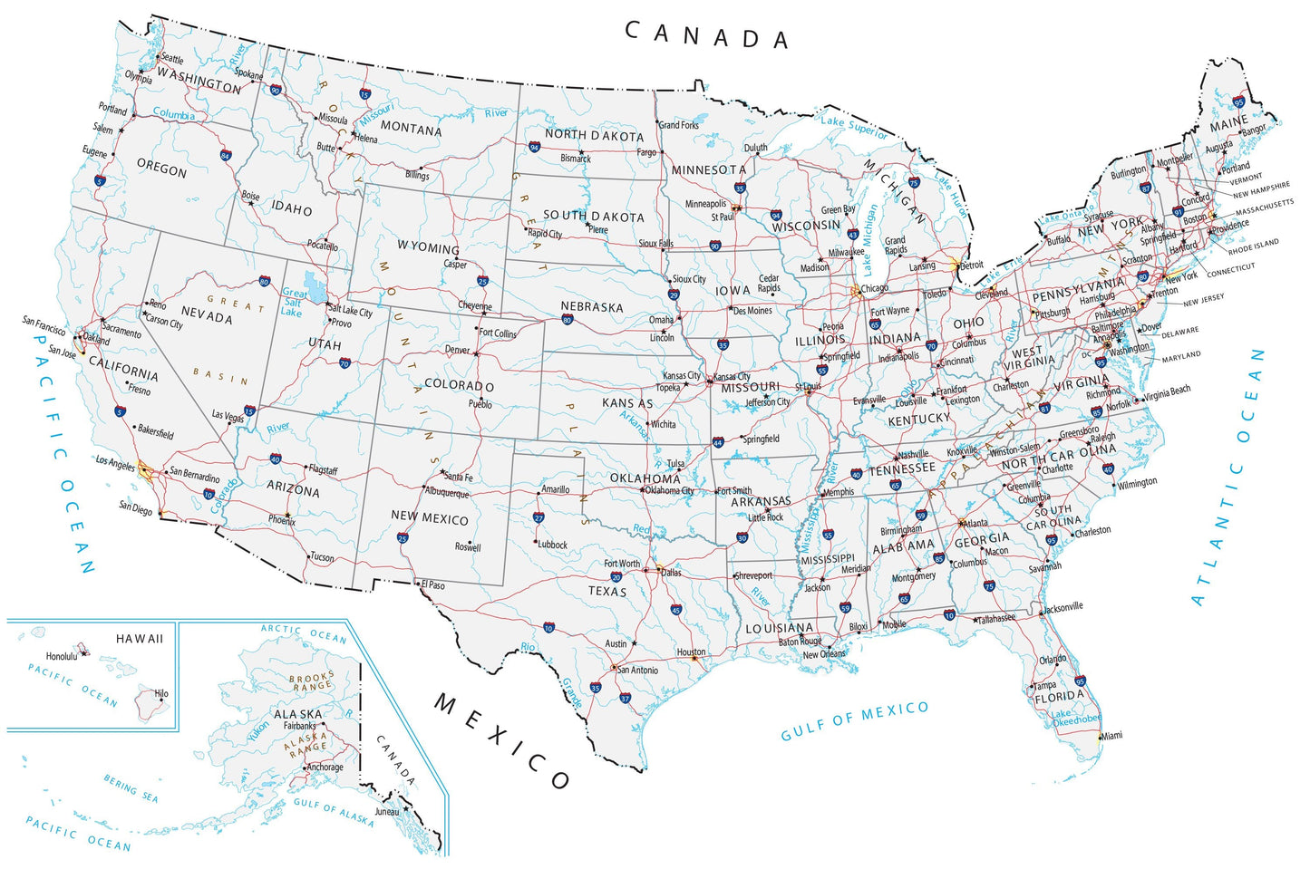 Usa Highway Rivers & Lakes Map Glossy Poster Picture Photo Print Banner  Booma Prints