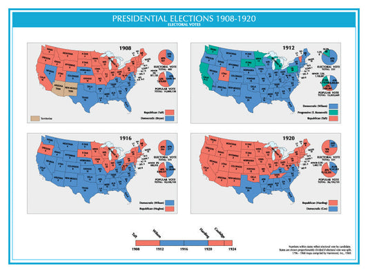 1908-1920 Usa Electoral Map Glossy Poster Picture Photo Print Banner  Booma Prints