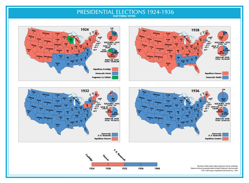1924-1936 Usa Electoral Map Glossy Poster Picture Photo Print Banner  Booma Prints