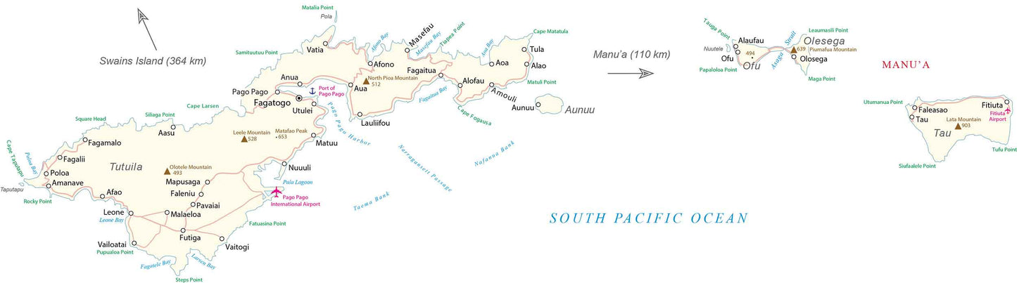 America Samoa Island Road Map Glossy Poster Picture Photo Print Banner  Booma Prints