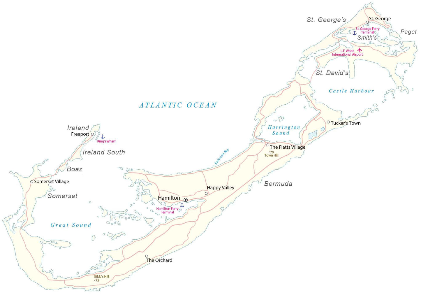 Bermuda Road Map Glossy Poster Picture Photo Print Banner  Booma Prints