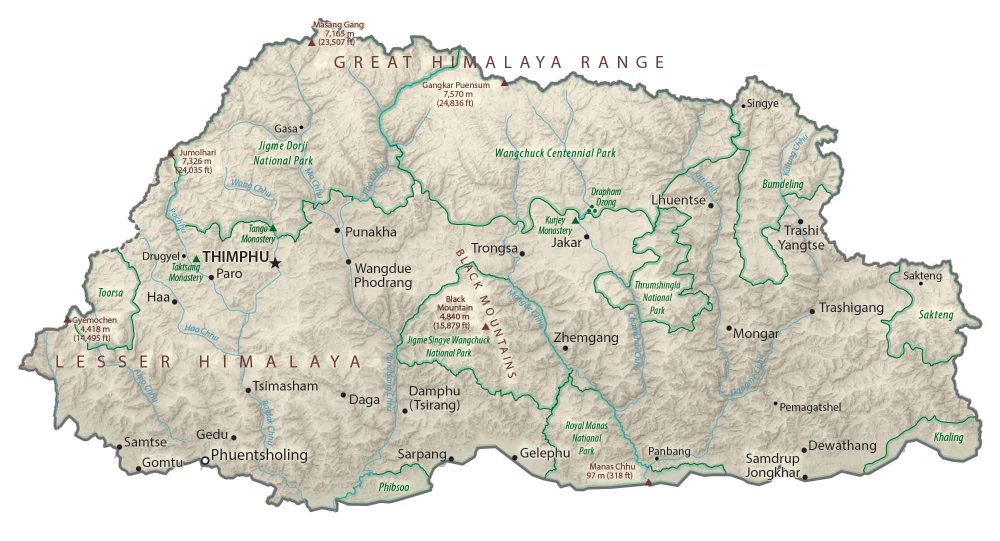 Bhutan Physical Map Glossy Poster Picture Photo Print Banner  Booma Prints