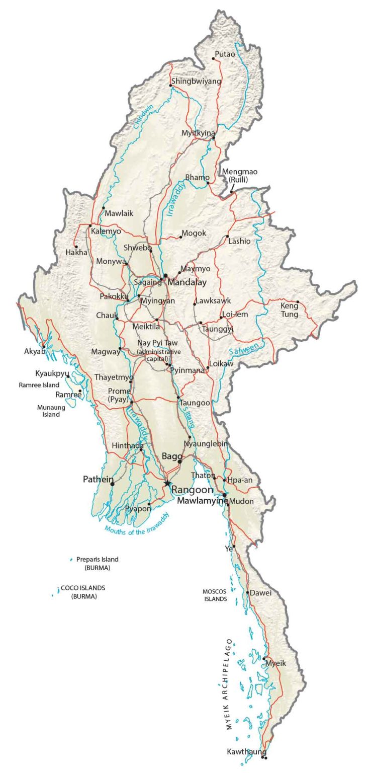 Burma Myanmar Physical Map Glossy Poster Picture Photo Print Banner  Booma Prints