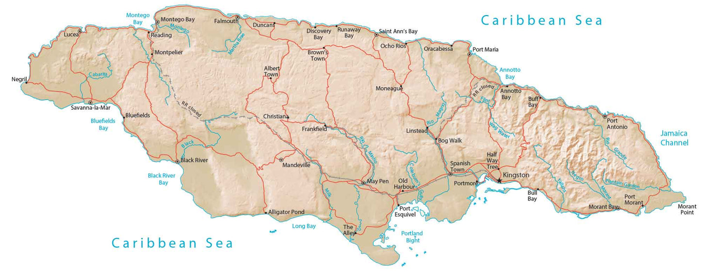 Jamaica Physical Map Glossy Poster Picture Photo Print Banner  Booma Prints