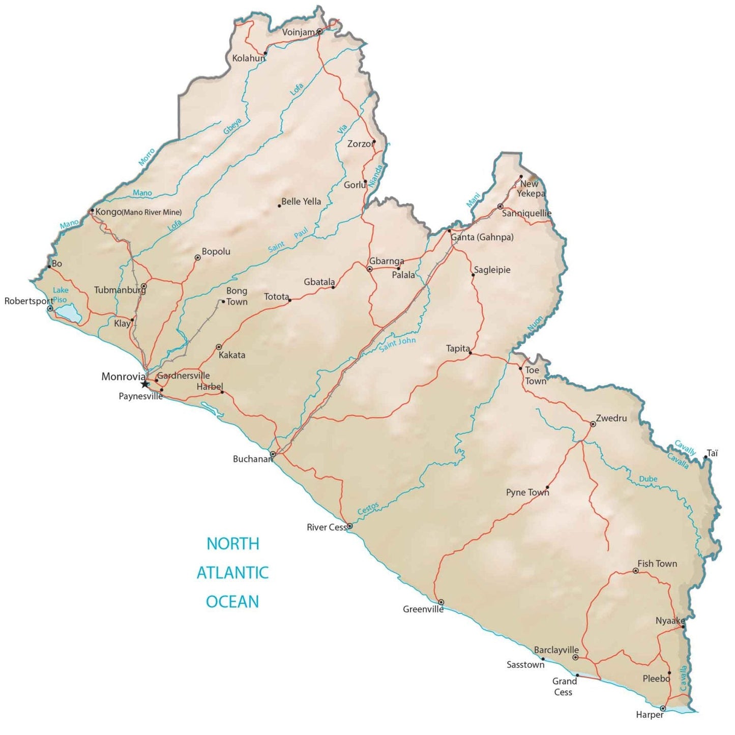 Liberia Physical Map Glossy Poster Picture Photo Print Banner  Booma Prints