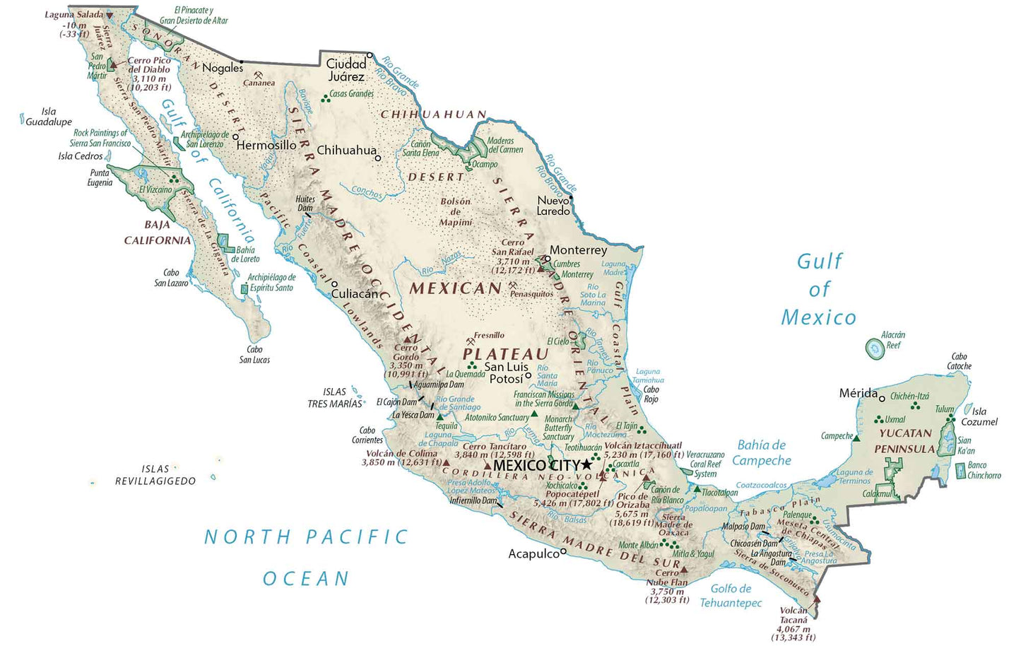 Mexico Physical Map Glossy Poster Picture Photo Print Banner  Booma Prints