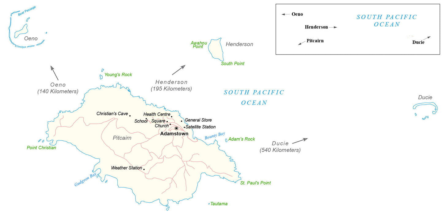 Pitcairn Island Map Glossy Poster Picture Photo Print Banner  Booma Prints