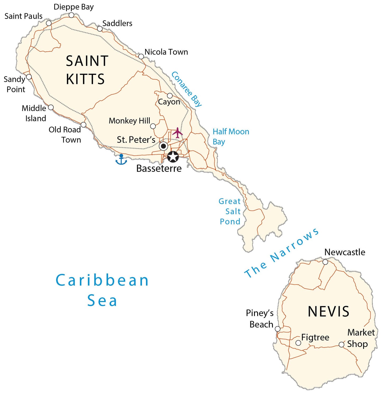 Saint Kitts And Nevis City Road Map Poster Picture Photo Print Banner  Booma Prints