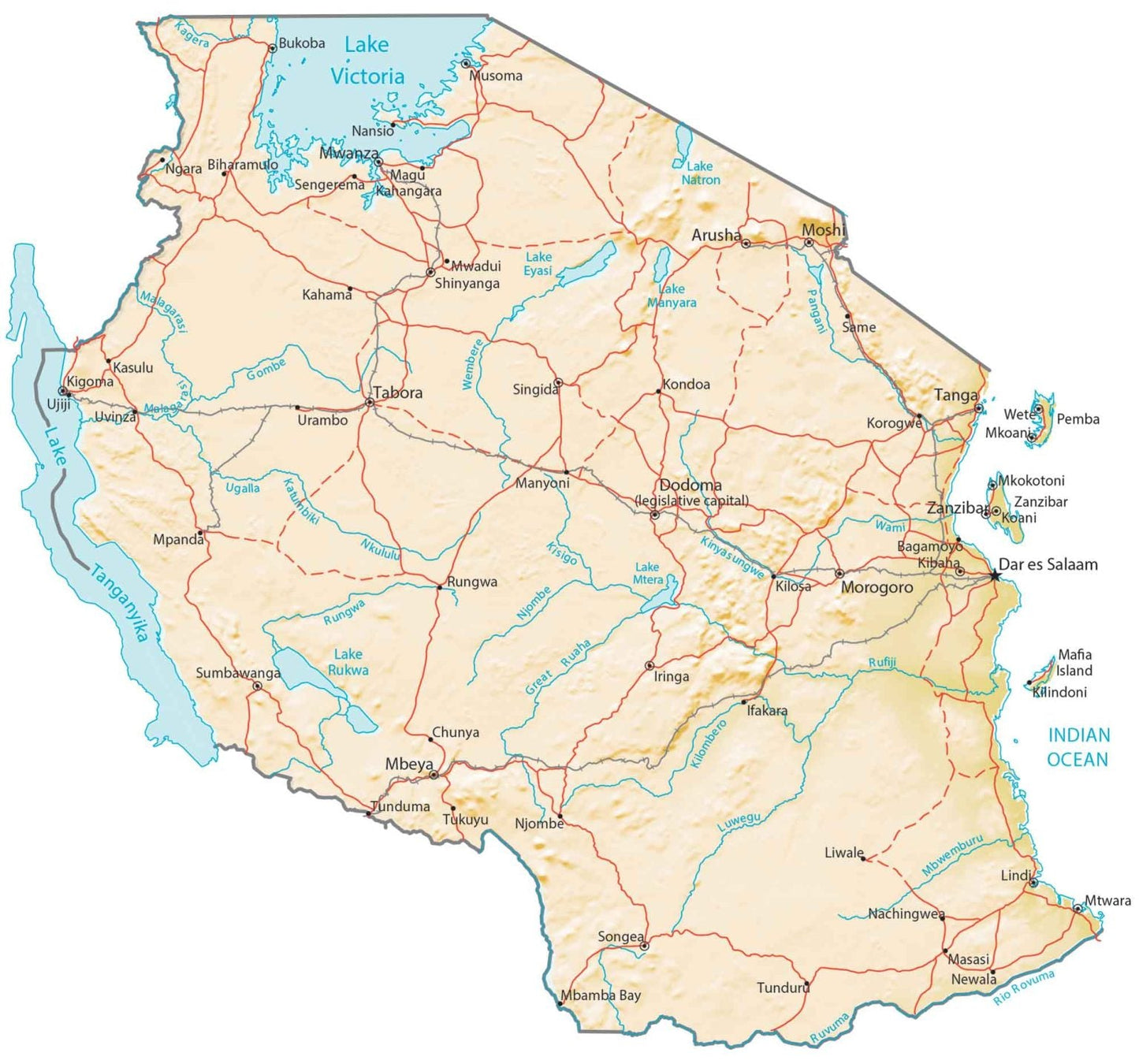 Tanzania Physical Map Glossy Poster Picture Photo Print Banner  Booma Prints