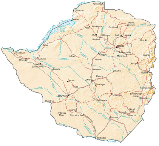 Zimbabwe Physical Map Glossy Poster Picture Photo Print Banner  Booma Prints