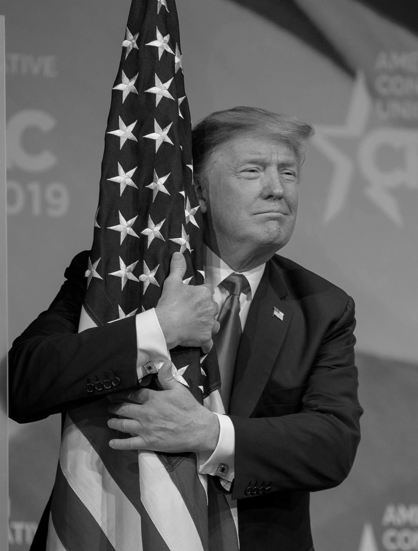 Trump Hugging American Flag Black/White Poster Picture Photo Print Banner  Booma Prints